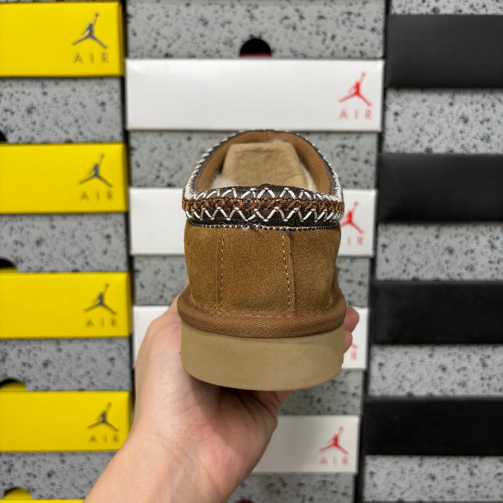 UGG Tasman Slip-On Slipper – Suede Moccasin with Shearling Lining, Brown & White Woven Collar & Sand Lug Sole in Chestnut