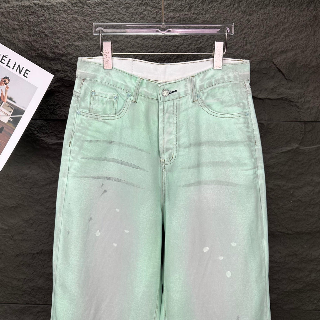 Acne Studios Mint Wash Paint‑Splatter Wide‑Leg Jeans