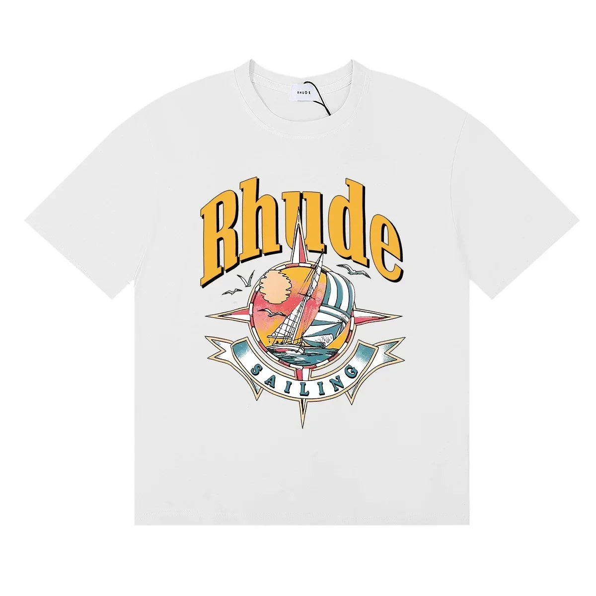 Rhude Sailing Compass Sailboat Vintage Graphic White Oversized T‑Shirt