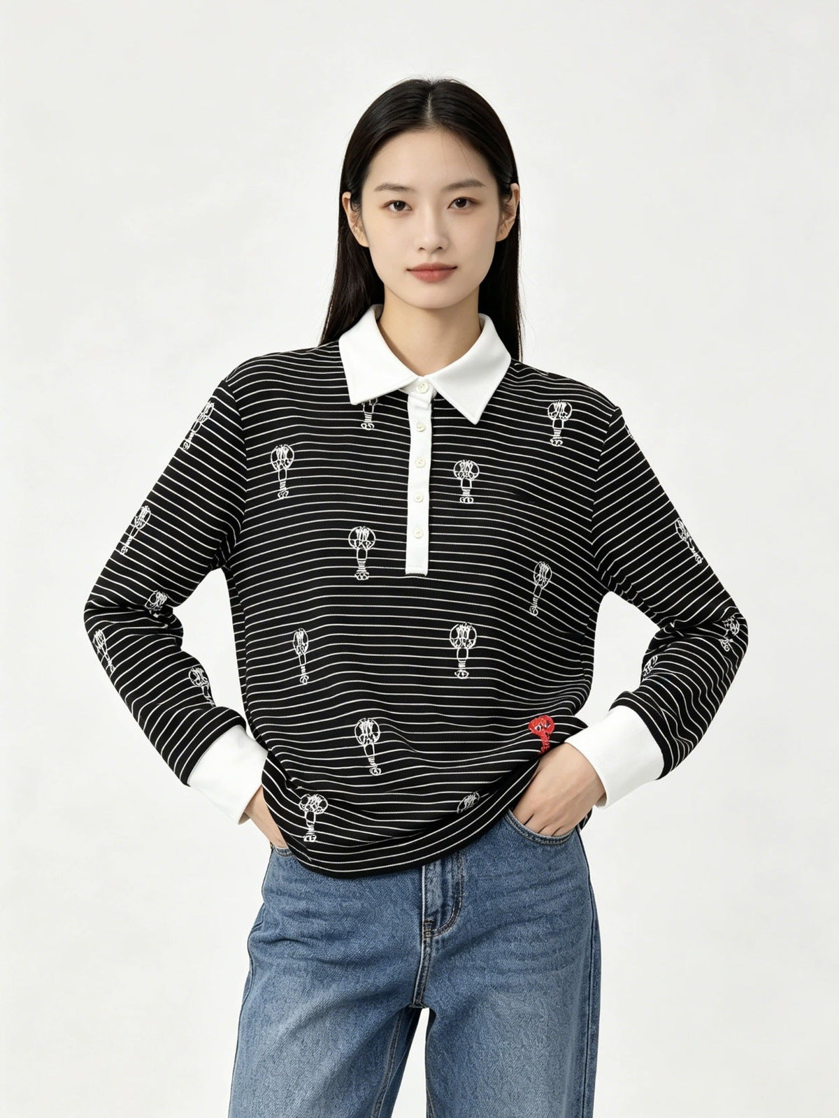 Thom Browne Style Balloon-Embroidered Striped Long-Sleeve Polo