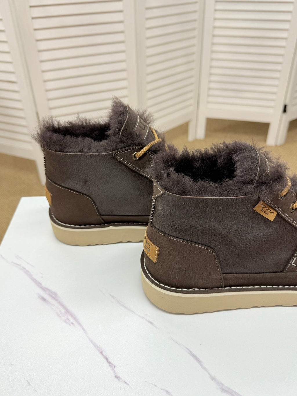 UGG Dark Brown Waxed Leather Shearling Boots