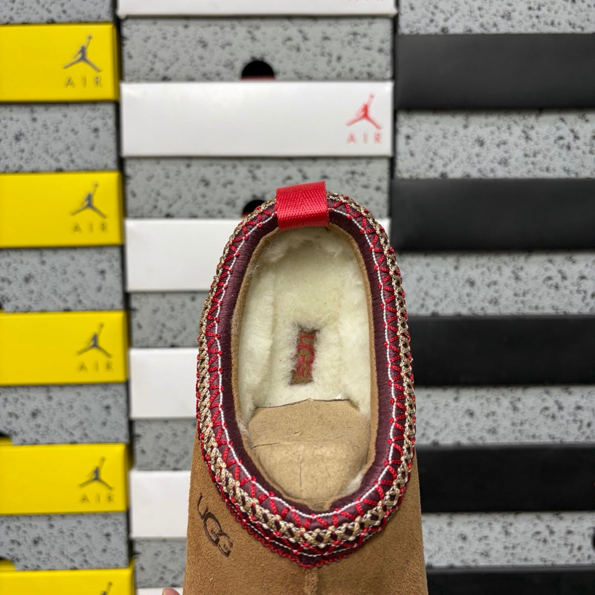 UGG Tazz Platform Slipper – Suede Mule with Shearling Lining, Red & Gold Braided Collar Trim, Red Pull Tab & Chunky Platform Sole in Chestnut