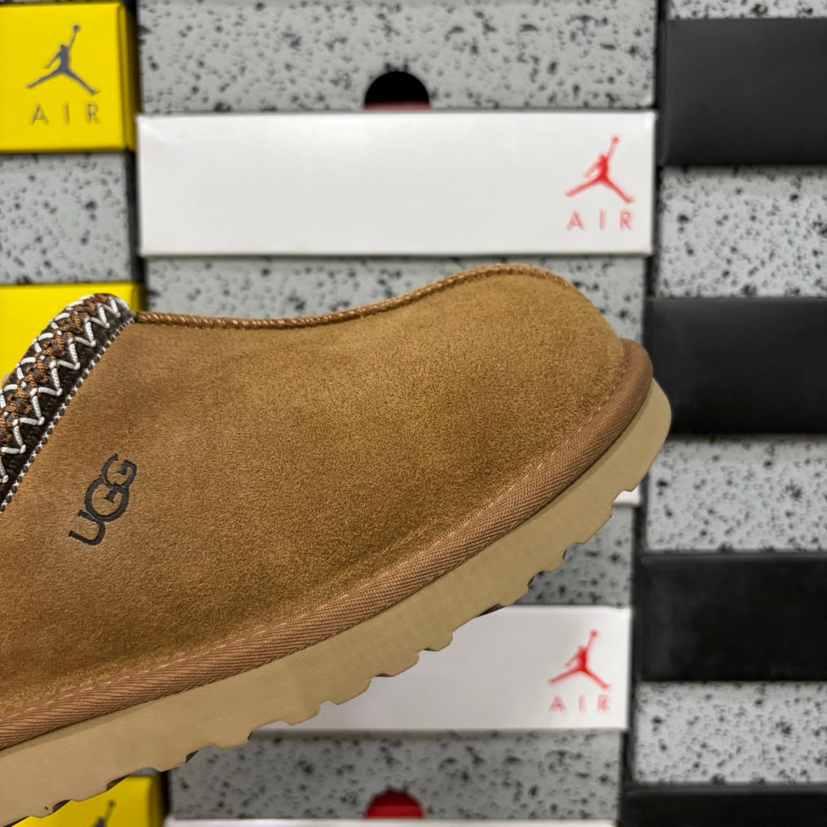 UGG Tasman Slip-On Slipper – Suede Moccasin with Shearling Lining, Brown & White Woven Collar & Sand Lug Sole in Chestnut