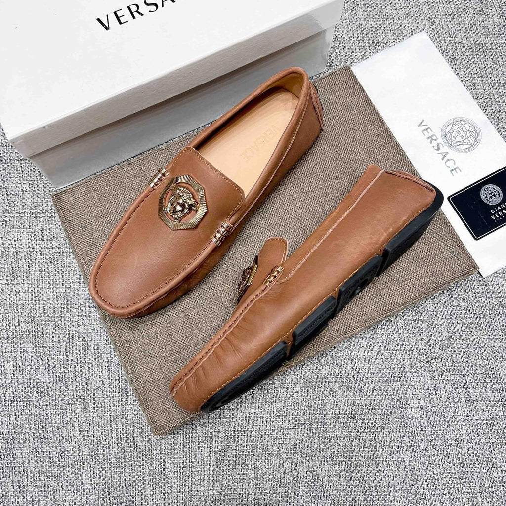 Versace Tan Brown Leather Driving Loafers