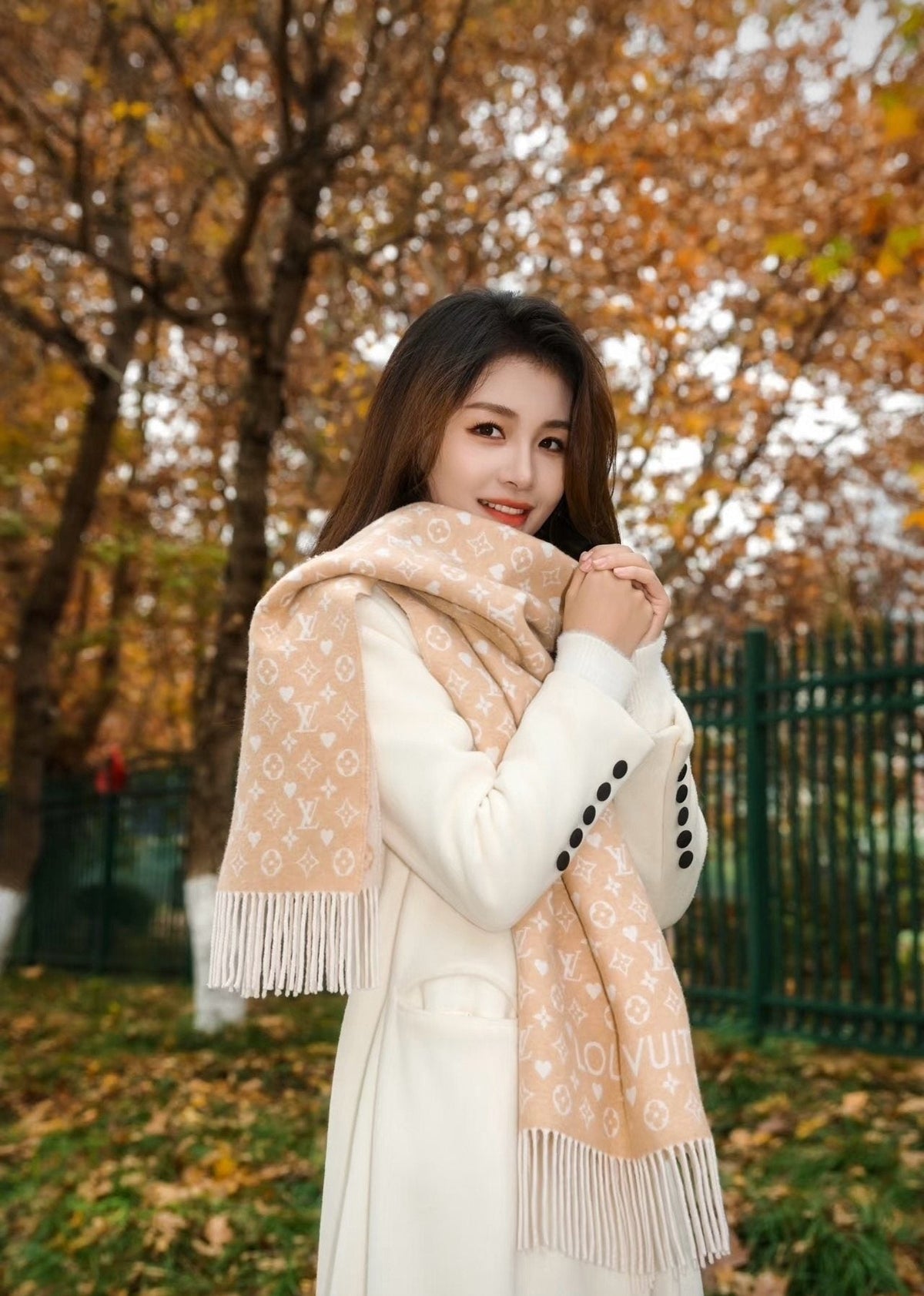 Louis Vuitton Beige & Ivory Monogram Fringed Scarf