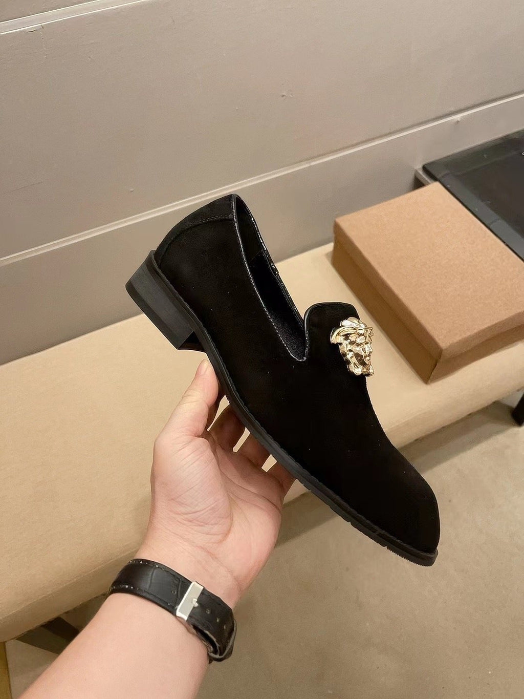 Versace Men's Black Gold-Tone Ornament Loafers