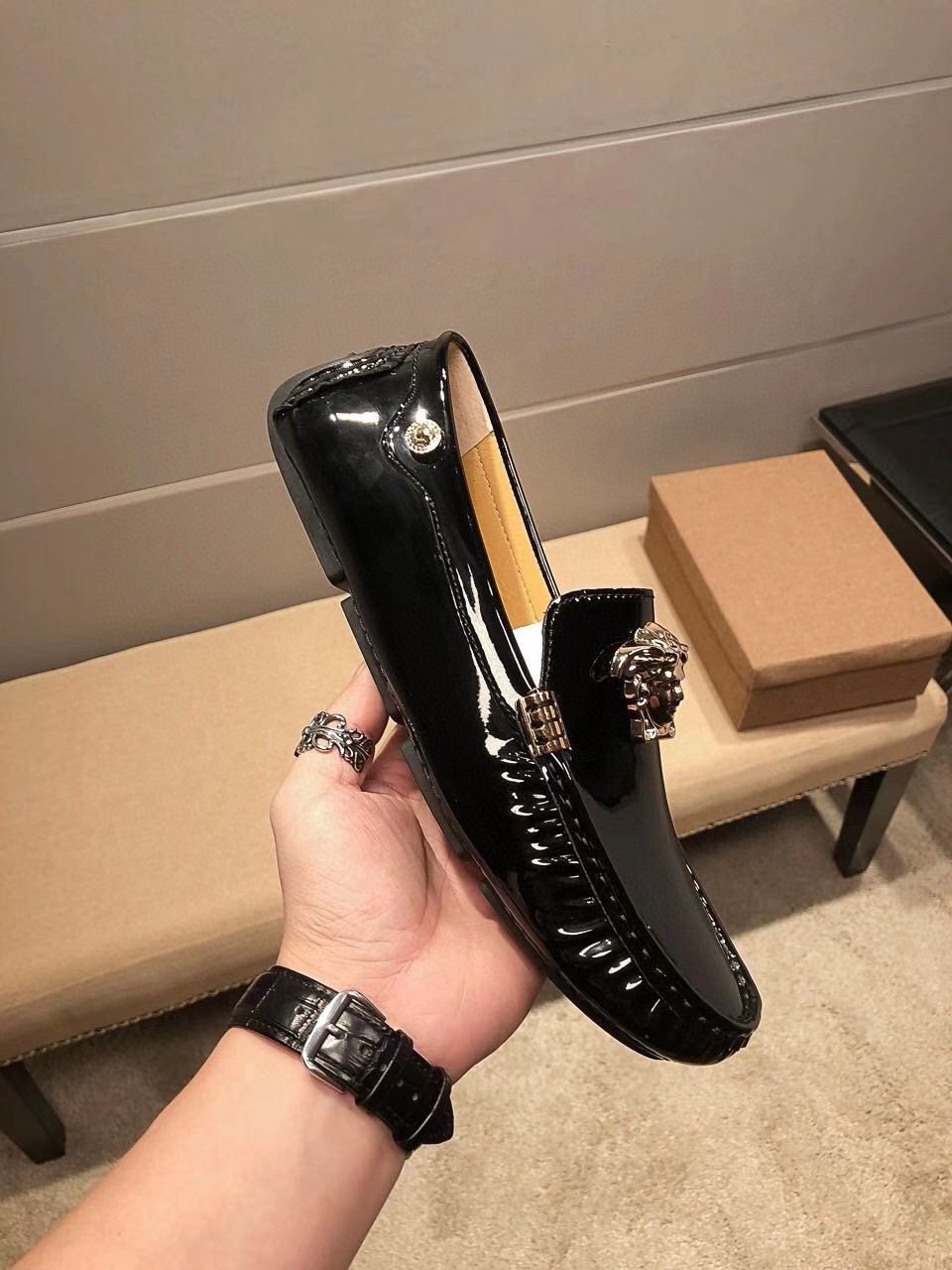 Versace Men's Black Patent Leather Medusa-Style Loafers