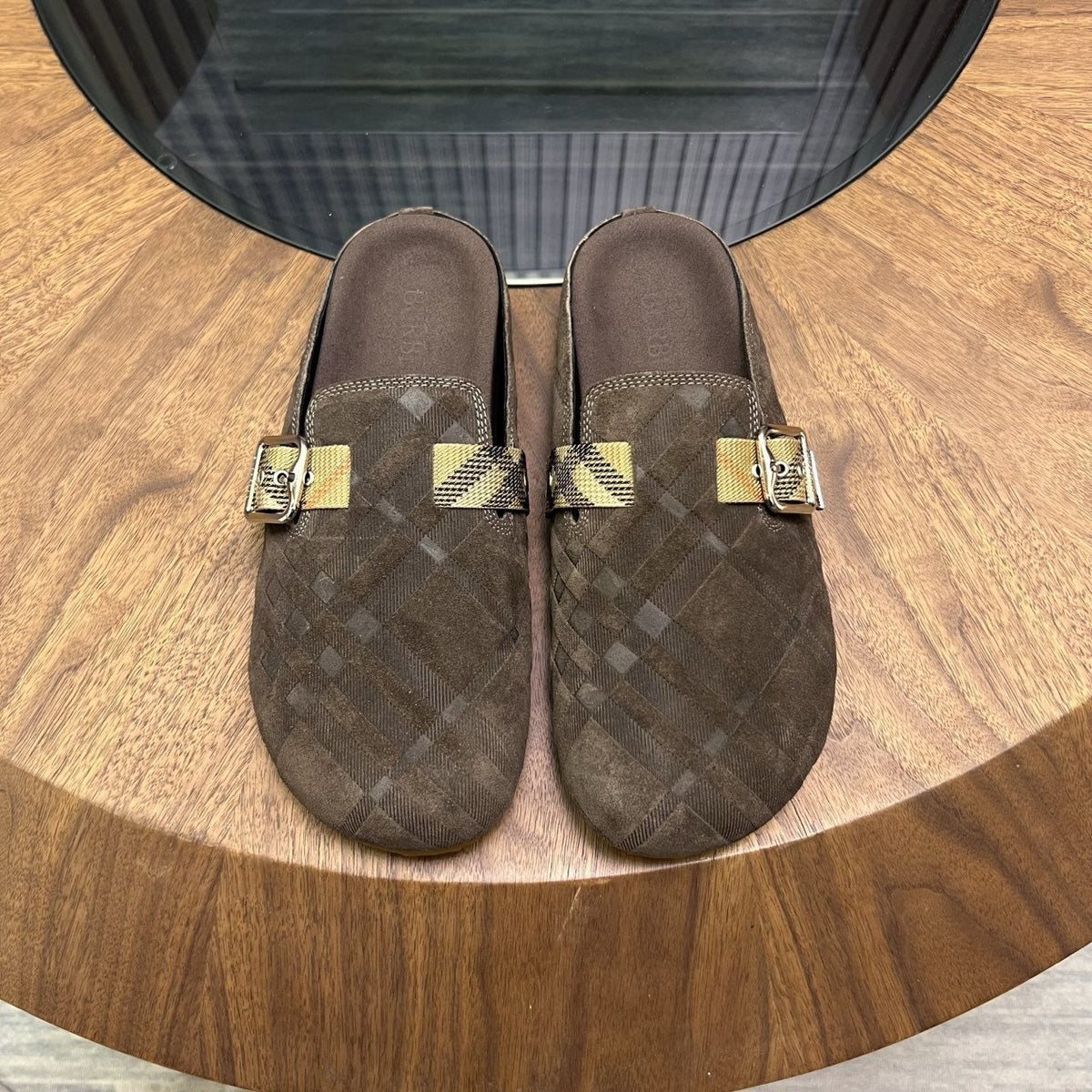 Burberry Men's Dark Brown Check Buckle Mule Slippers