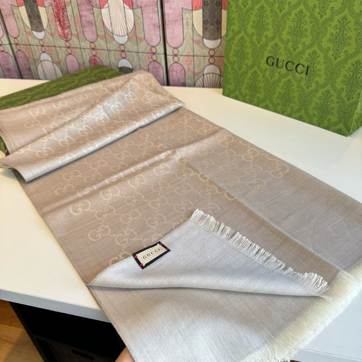 Gucci Reversible Monogram Fringe Scarf