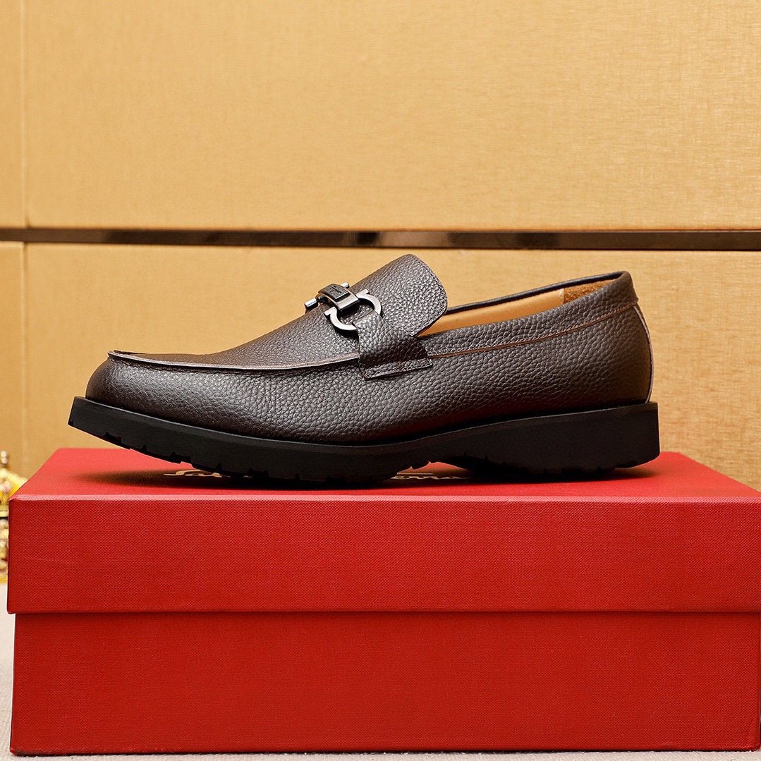 Ferragamo Pebble-Grain Buckle Slip-On Shoes