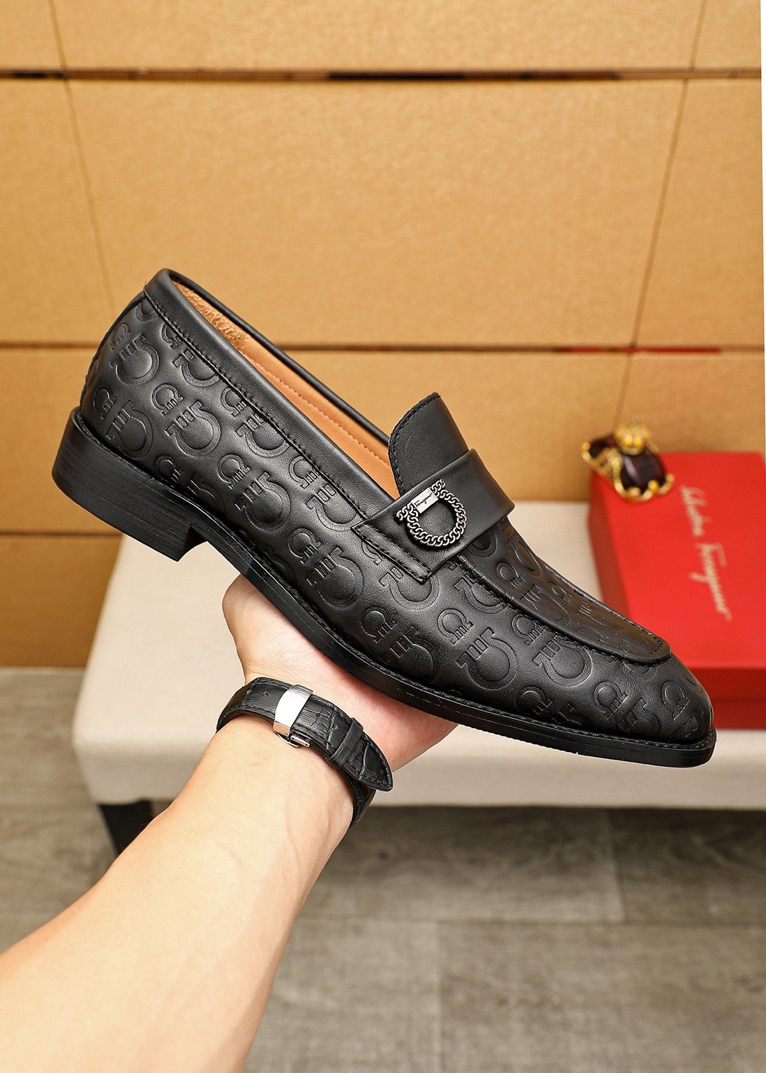 Ferragamo Men's Embossed Buckle Loafers